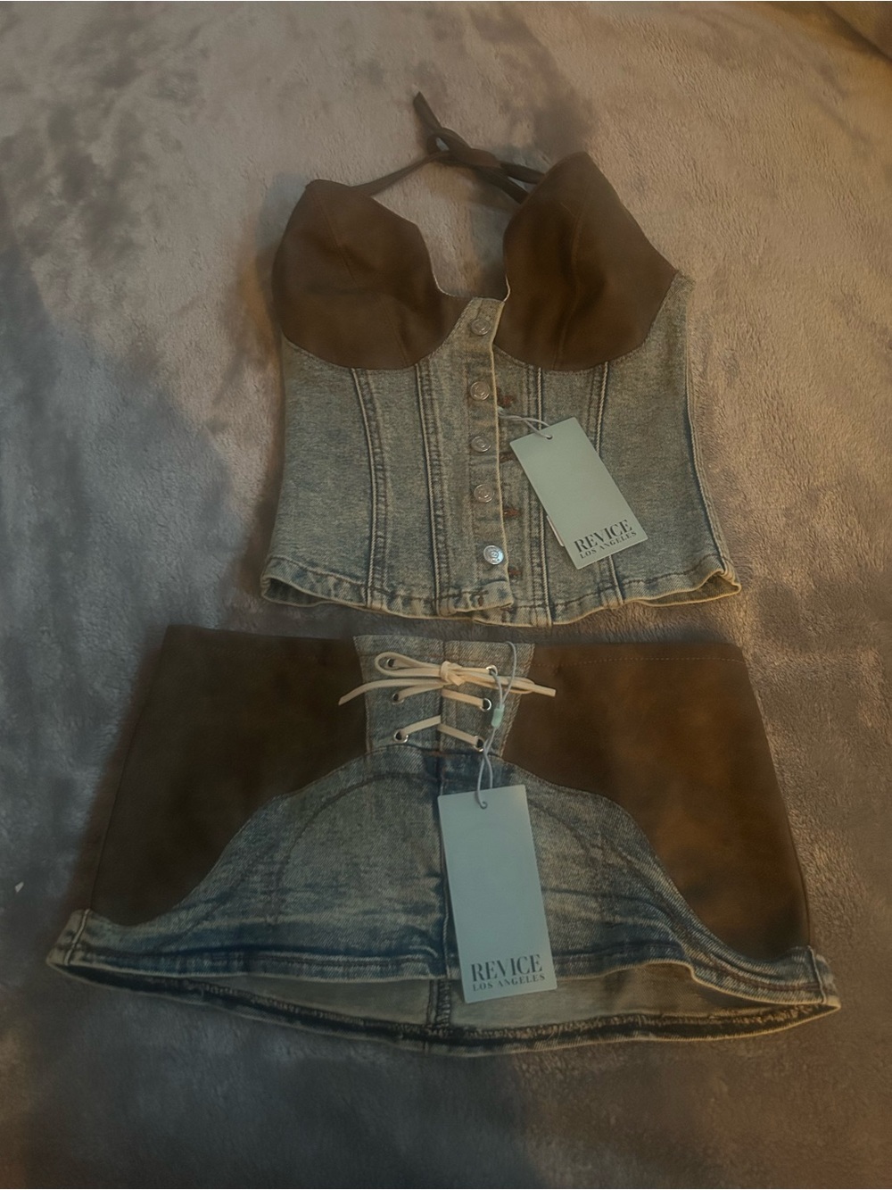 REVICE Olive Brown Suede-Trim Denim Corset Camisole sold as the set - Picture 4 of 11
